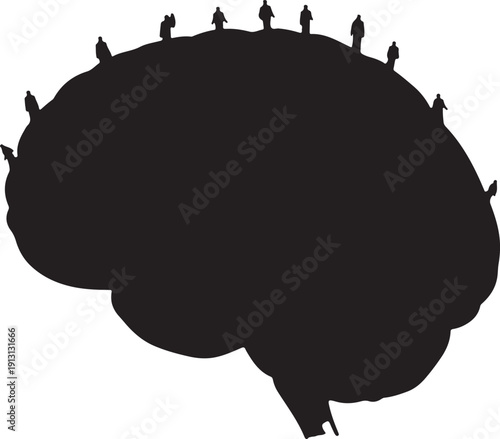 Human brain silhouette concept with people as cell on top
