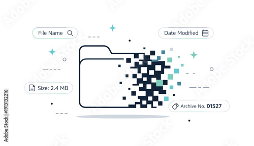    Digital decay in archives. An abstract folder slowly dissolving into pixel fragments, surrounded by faded metadata labels. The mood reflects