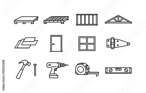Shed construction. Line icon set of Shed construction: shed foundation, floor joists, wall studs, roof truss, siding panels, shed door,