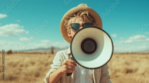 A playful young boy holding a megaphone and wearing a straw hat in a vast field, symbolizing creativity and the joy of self-expression free from constraints.