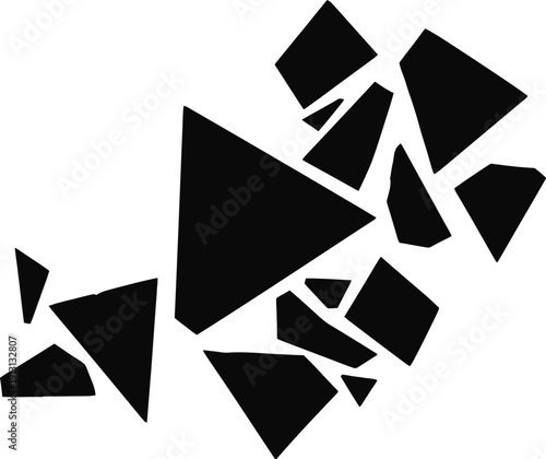 Dynamic composition of sharp, fragmented black geometric shapes creating an abstract visual impact, evoking a sense of deconstruction and modern design