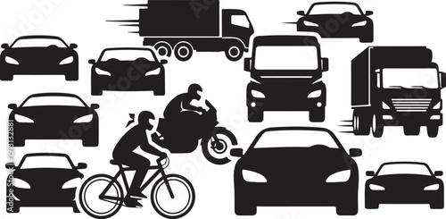 Vehicles and cyclists on a busy road illustration