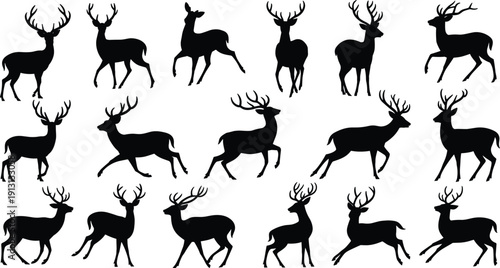 Black silhouettes of deer with and without antlers in diverse poses including standing, walking, and running, perfect for wildlife illustration, forest design, and educational art use
