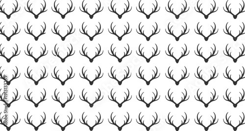 Black silhouettes of deer antlers arranged in a repeating grid pattern, perfect for wallpaper, fabric prints, hunting design, rustic decor, and educational art use