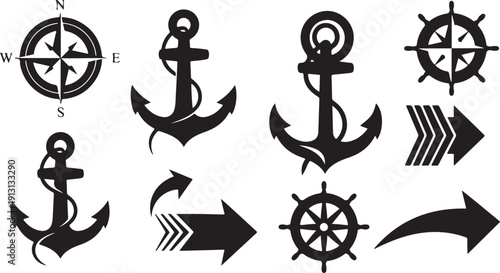 Nautical Symbols and Anchors on White Background Illustration Set