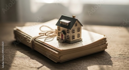 Wallpaper Mural Miniature house model rests on aged, bundled papers, tied with twine, on a rustic surface Torontodigital.ca