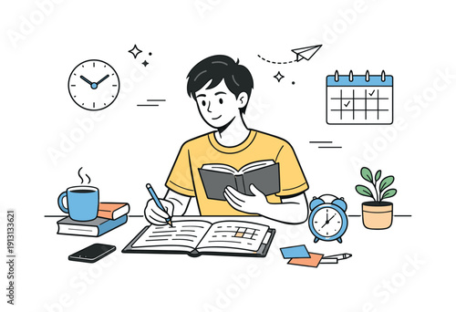 Calm exam preparation. A young adult studying alone in a tidy space, checking notes and planning study time. The scene suggests quiet