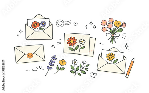 Pressed flowers spring. A flat lay of small envelopes and spring flower clippings, suggesting botanical collecting and light correspondence.