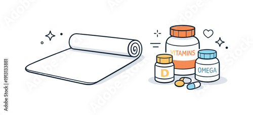 Yoga mat and vitamins. Yoga mat rolled out on the floor with a small set of vitamin bottles placed neatly beside it. Calm wellness routine