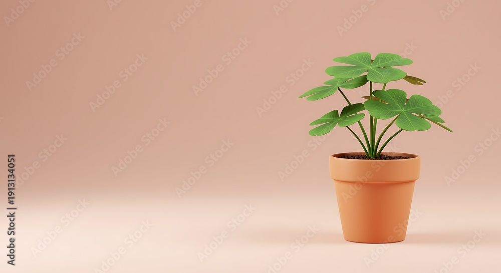 Fototapeta premium Small potted plant with green leaves in terracotta pot on pink background, indoor plant, home decor, gardening, plant care