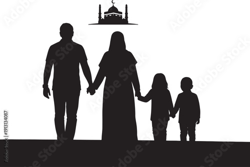 Muslim family silhouette holding hands walking towards mosque, depicting unity, togetherness, and spiritual journey during eid celebration