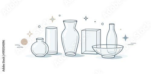 Glass vases clear. A collection of empty glass vases arranged like a still life with soft lighting and floating sparkles. The scene feels