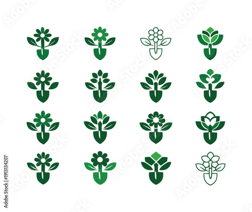 Landscapers designing gardens and yards. Icon set. Set Logo of Landscapers designing gardens and yards: garden spade and flower. harmonious