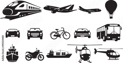 Various Transportation Modes and Vehicles Icon Set Collection