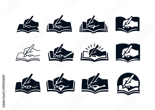 Journaling and reflective writing practices. Icon set. Set Logo of journaling and reflective writing practices: hand writing in journal.