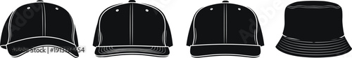 Baseball cap and bucket hat silhouettes set, blank headwear mockup collection isolated vector illustration for fashion design