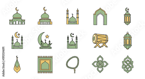 A Modern Collection of Flat Design Islamic Icons, Perfect for Ramadan Celebrations, Eid Mubarak Greetings, and Cultural Event Decorations
