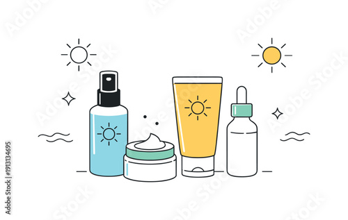 Summer Skincare Minimalism. Summer skincare minimal. Clean arrangement of lightweight skincare bottles and tubes with simple sun icons around. The scene feels