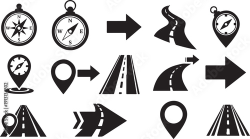Navigation and direction icons for travel and adventure planning
