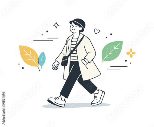 Spring street style. A person walking confidently in a light coat and comfortable shoes, enjoying the season. Relaxed urban mood with