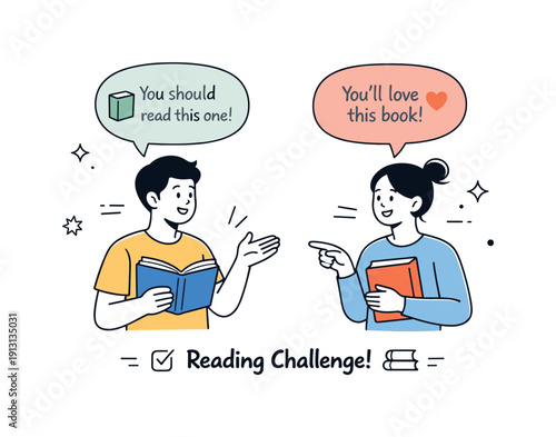 Community reading challenge. Two people exchange book recommendations while holding books and speech bubbles. Friendly interaction and shared