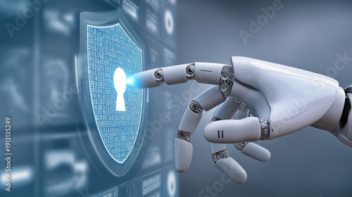 Humanoid AI Robot Analyzing Cyber Shield. Futuristic Technology and Artificial Intelligence Concept