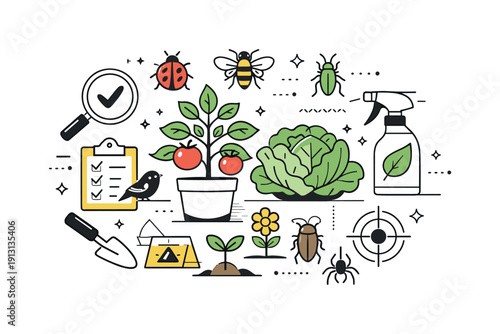 Integrated pest management strategy. Plants, insects, and tools arranged in a balanced composition showing harmony between nature and control