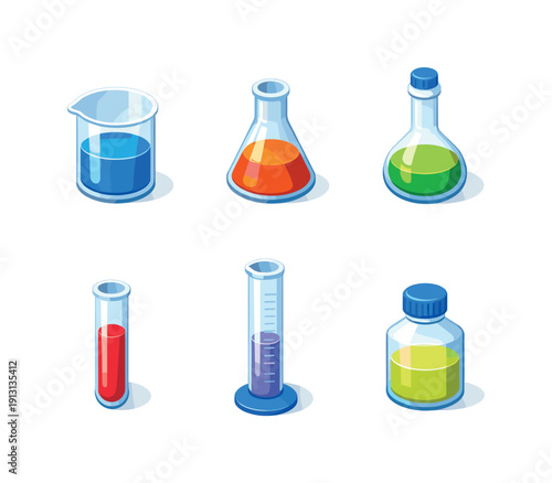 LabGlassware. Isometric flat vector icons set of LabGlassware: beaker, erlenmeyer flask, volumetric flask, test tube, measuring cylinder,