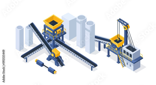 Industrial machinery conveyor belt system with cranes and silos.