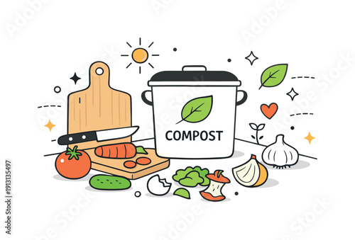 Eco-Friendly Kitchen Space. Kitchen sustainability corner. Compost bin placed near cutting board and vegetables, suggesting daily eco habits. Warm, friendly