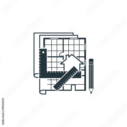 Architectural blueprint with tools and house icon.