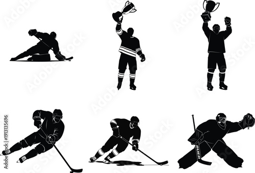 Dynamic silhouettes of ice hockey players in various action poses