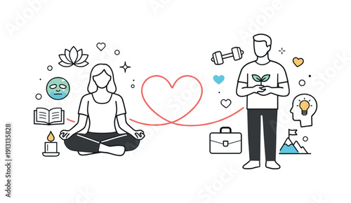 Self-care and personal growth for relationship health. Abstract composition with two figures connected by a heart line, each surrounded by