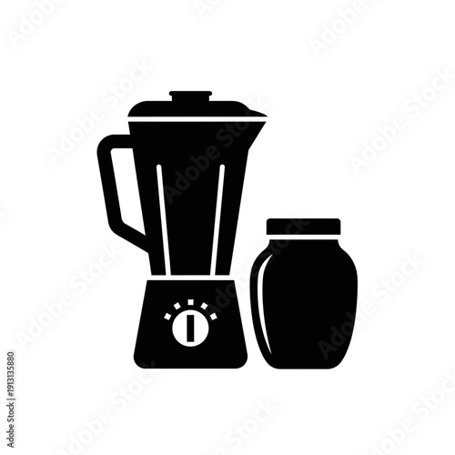 Black and white icon of a blender and a jar.