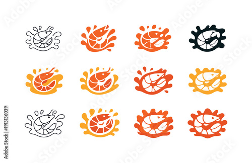 Shrimp Scampi Icons. shrimp scampi. Icon set. Set Logo of shrimp scampi: shrimp in butter splash. harmonious logo variations of the same emblematic concept,