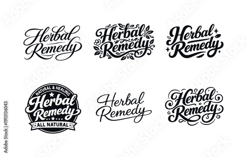    Herbal remedy lettering. Set lettering. harmonious lettering variations of the same emblematic concept, each with different