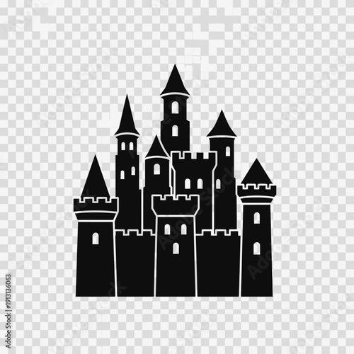 Black silhouette of a medieval castle with multiple towers and battlements.