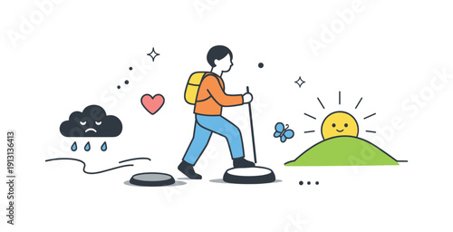 Navigating mental health struggles. A minimal scene showing a person moving through emotional difficulty with patience and care. Clean