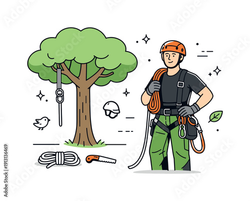 Professional arborist at work. A tree trimmer wearing safety gear and helmet, standing near a healthy tree, confident and responsible. Simple