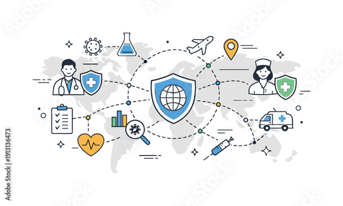 Global health security concept. Abstract world map with connected health icons, shields, and data points. Calm editorial overview showing