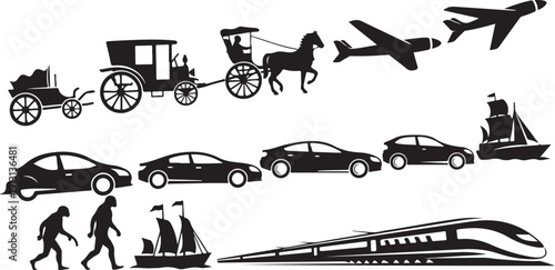Transportation Modes Through Time and Technology Silhouettes