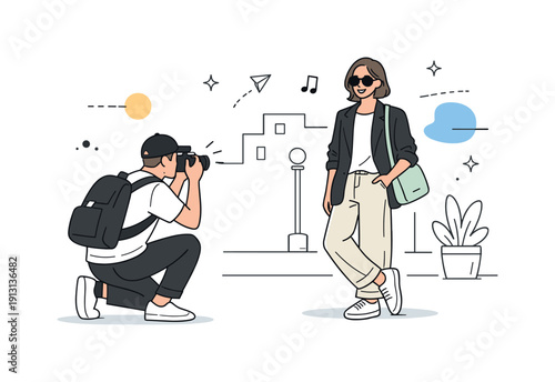 Street style photography. Photographer capturing a candid outfit shot, subject posing naturally against a simple city backdrop. Calm creative