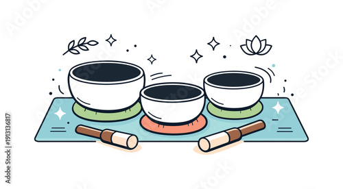 Sound Bath Serenity. Sound bath tools. Singing bowls with wooden strikers arranged on a floor with a yoga mat background, implying relaxation and energy