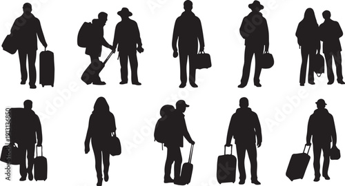 Silhouettes of people with luggage in various travel poses