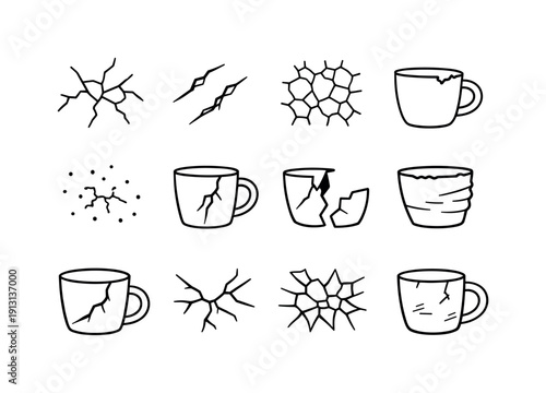 Damaged Mug Details. Line icon set of Damaged Mug Details: surface crack pattern, ceramic fracture lines, glaze crackle, chipped edge detail,