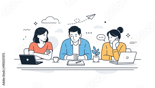 Unspoken team tension. A quiet office scene with team members sitting close but avoiding eye contact, subtle body language showing