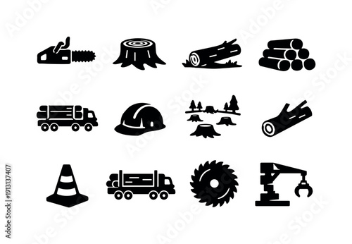 Clearcut Logging Icons. Clearcut Logging. Solid icon set of Clearcut Logging: chainsaw, tree stump, felled tree, log pile, logging truck, worker helmet, forest