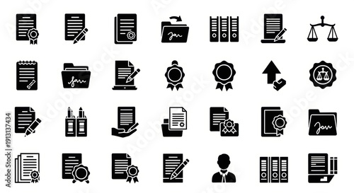 Set of icons representing legal documents, contracts, and official seals for law, business, and administrative services