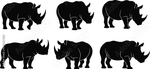 Black silhouettes of rhinoceroses in diverse poses with distinctive horns and strong body stances, perfect for wildlife illustration, safari design, conservation art, and educational use