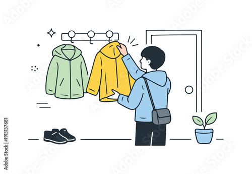 Raincoats instead of coats. Person hanging a raincoat on a hook near the door, light jacket replacing heavier outerwear. Quiet everyday